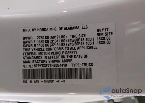 2017 Honda Ridgeline Rtl-E z USA, uszkodzony, nr VIN 5FPYK3F71HB034410